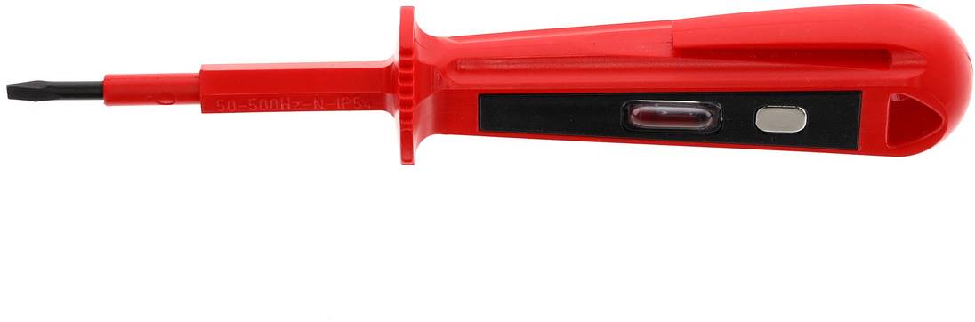 Un testeur de tension rouge avec un boîtier transparent montrant une ampoule et un bouton métallique sur le côté.