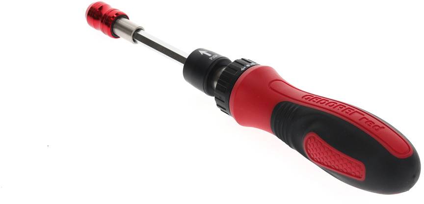 Un tournevis rouge à manche noir et tête interchangeable, conçu de manière robuste et ergonomique.