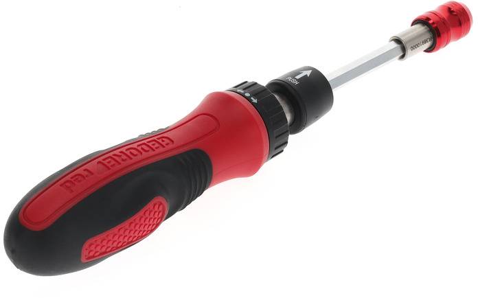 Un tournevis rouge et noir avec une tête rotative et une poignée ergonomique, adapté à diverses applications.