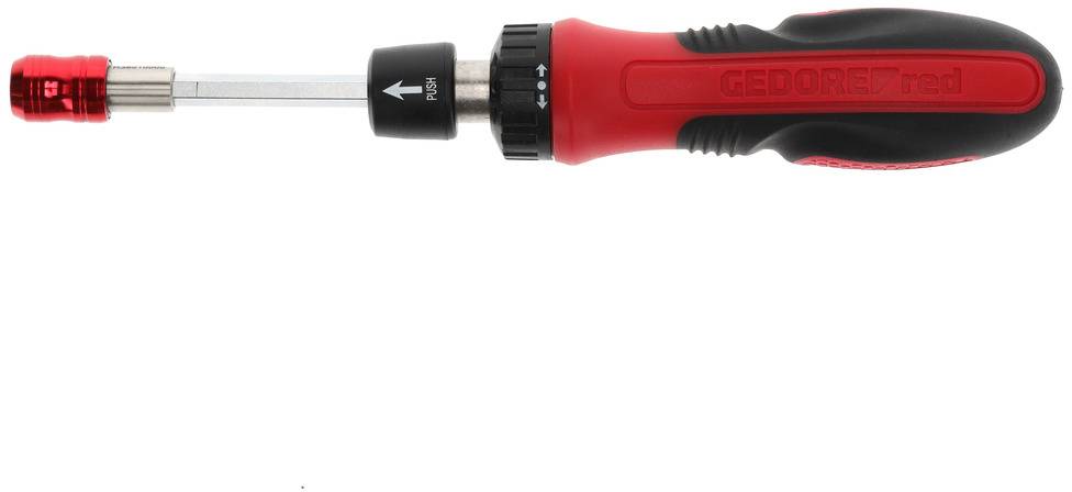 Un tournevis rouge avec poignée noire et tête de couple rotative, adapté aux travaux de vissage précis.