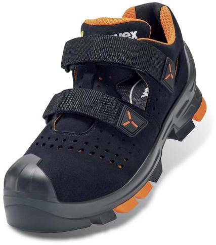 Chaussure de sécurité noire avec des détails orange, design ouvert et embout renforcé, adaptée aux travaux industriels.