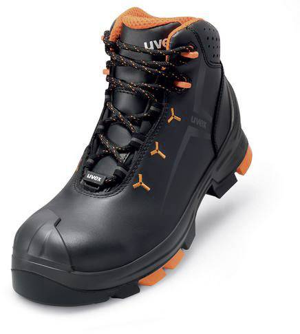 Chaussure de travail noire avec des accents orange et une semelle robuste, adaptée aux environnements industriels et aux exigences de sécurité.