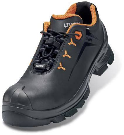 Chaussure de sécurité noire avec doublure intérieure et lacets orange, conçue de manière robuste pour des applications industrielles.
