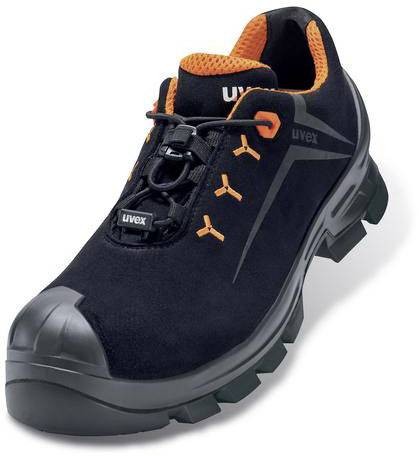 Chaussure de sécurité noire avec des détails orange et une semelle robuste, adaptée pour une utilisation dans des environnements industriels.