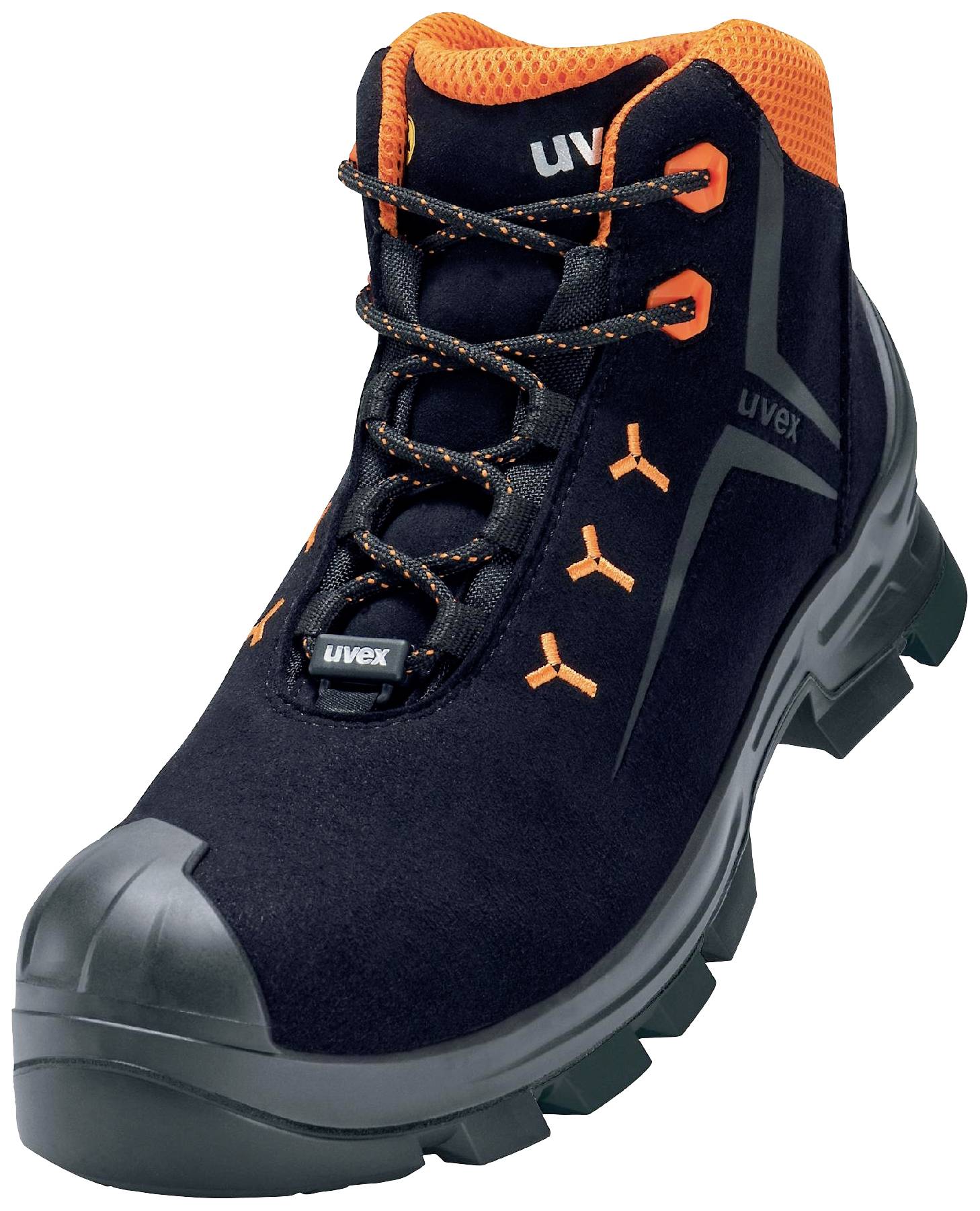 Chaussure de sécurité noire avec des accents oranges et bout renforcé, adaptée aux environnements de travail.