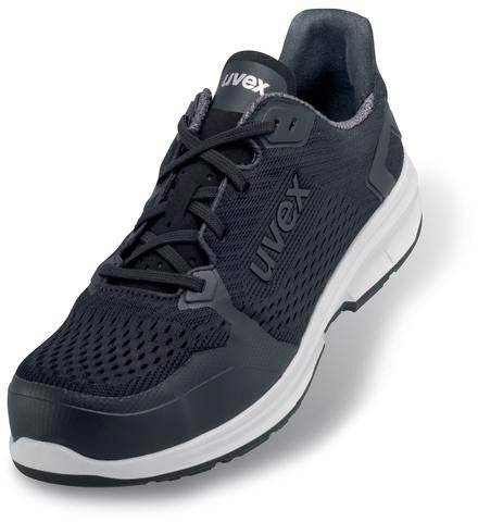 Chaussure de sécurité noire avec semelle blanche et logo UVEX. Matériau respirant, adaptée aux environnements de travail.
