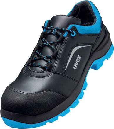Une chaussure de sécurité noire avec des accents bleus et une semelle robuste, adaptée à une utilisation industrielle.