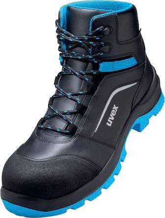 Chaussure de travail noire avec des accents bleus et des lacets. Marquée du logo 'uvex'. Design robuste, adaptée aux travaux en toute sécurité.