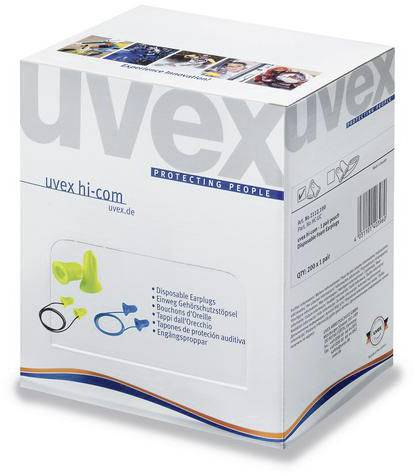 Emballage de 'uvex hi-com' avec une image d'un bouchon d'oreilles jetable jaune et des informations sur le produit. Slogan de la marque : 'Protecting People'.