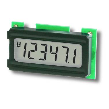 Panneau d'affichage LCD numérique affichant « 12347.1 » avec une petite icône de sablier, monté dans un boîtier noir avec des languettes de circuit vertes.