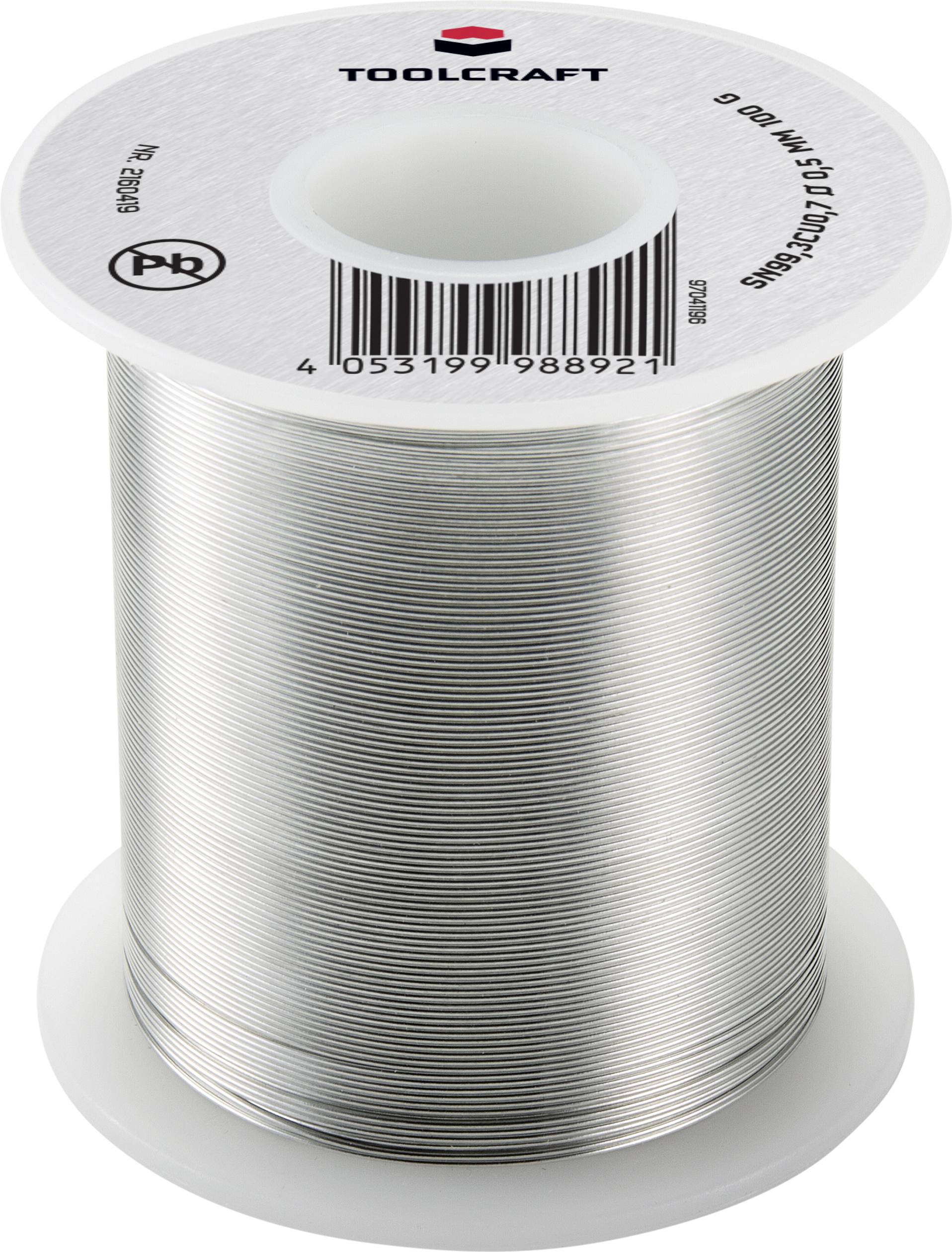 Un rouleau de soudure Toolcraft, 500g, diamètre 0,8mm, couleur argent. Adapté pour les travaux de soudure électrique.