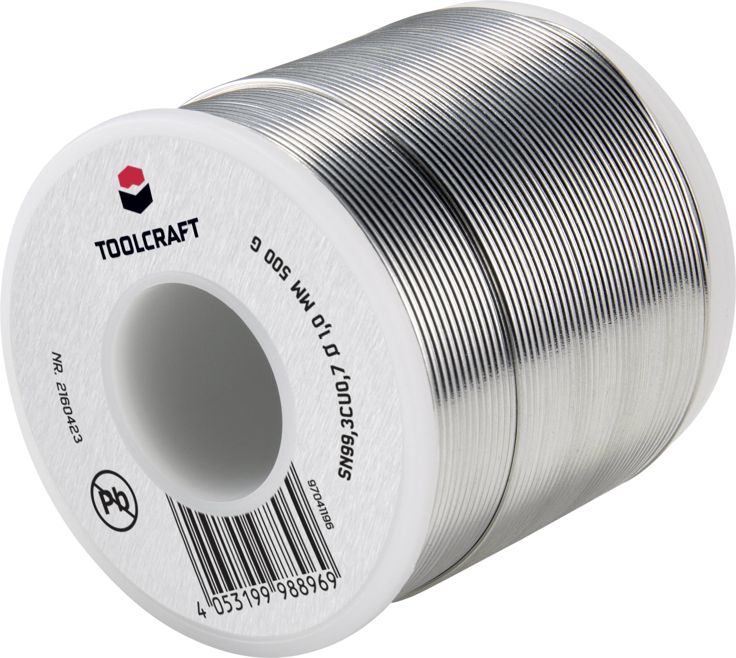 Rouleau de soudure Toolcraft, présentant un bobineau de fil argenté dans un boîtier en plastique. Adapté pour les travaux de soudure.