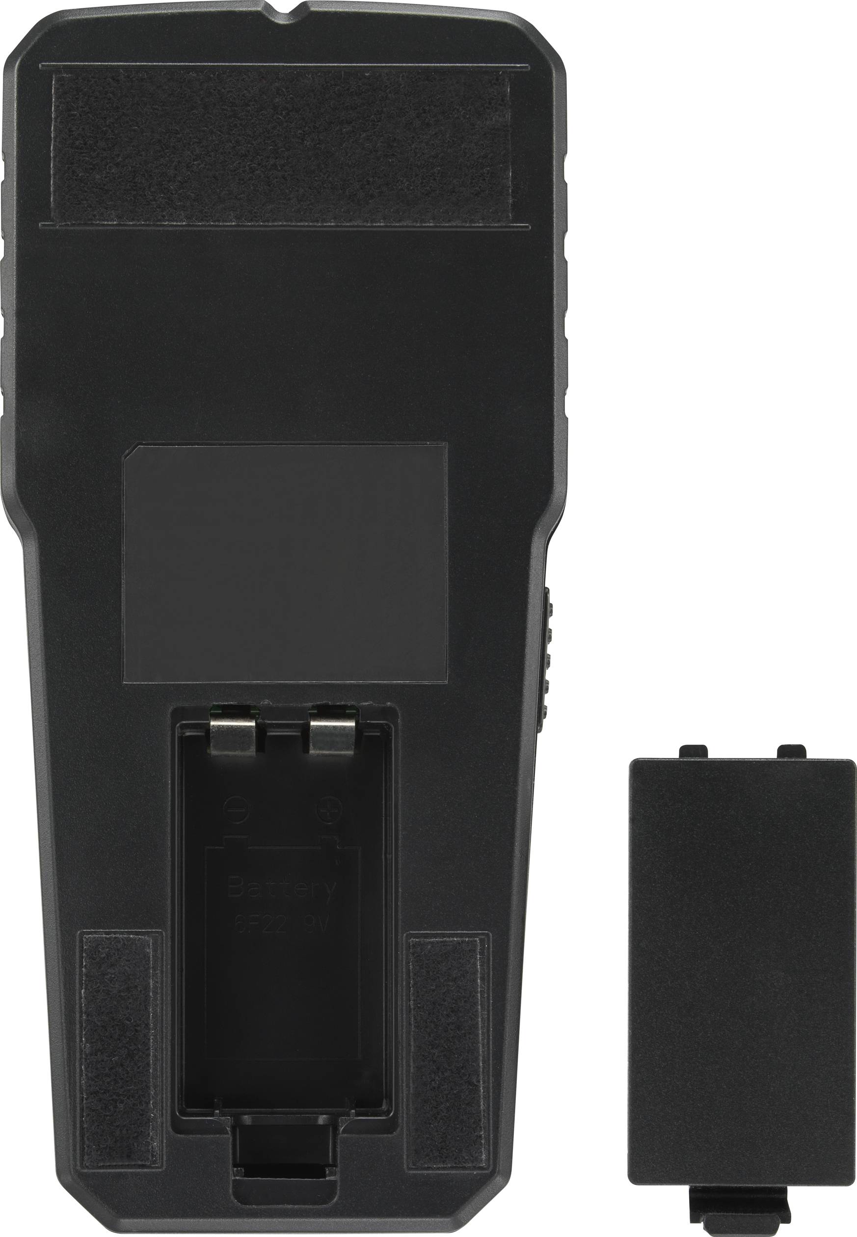 Un appareil électronique noir avec un compartiment de batterie ouvert et un couvercle de batterie détaché, aucun autre détail n'est visible.