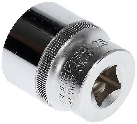 Clé à douille de taille métrique '28' avec inscription 'CR-V'. Surface chromée pour la résistance à la corrosion, utilisée pour les assemblages par vis.