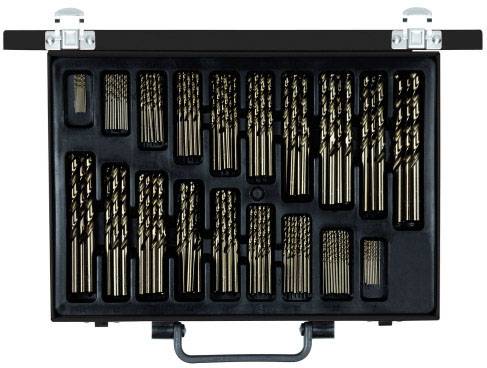 Ensemble de forets en métal dans un coffret noir ouvert, composé de plusieurs rangées de forets de différentes tailles.