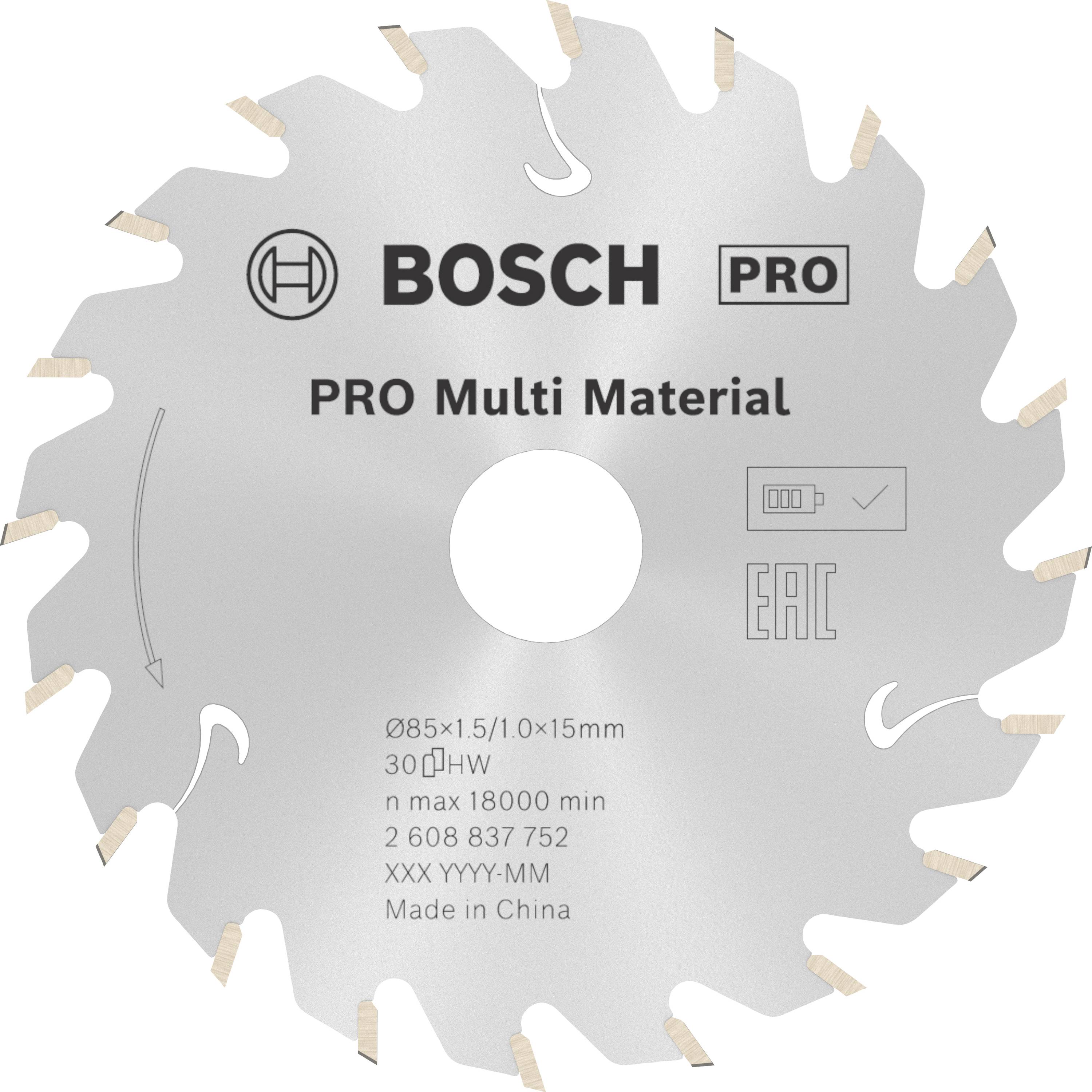 Lame de scie circulaire Bosch Pro Multi Material, diamètre 85 mm, adaptée à différents matériaux.