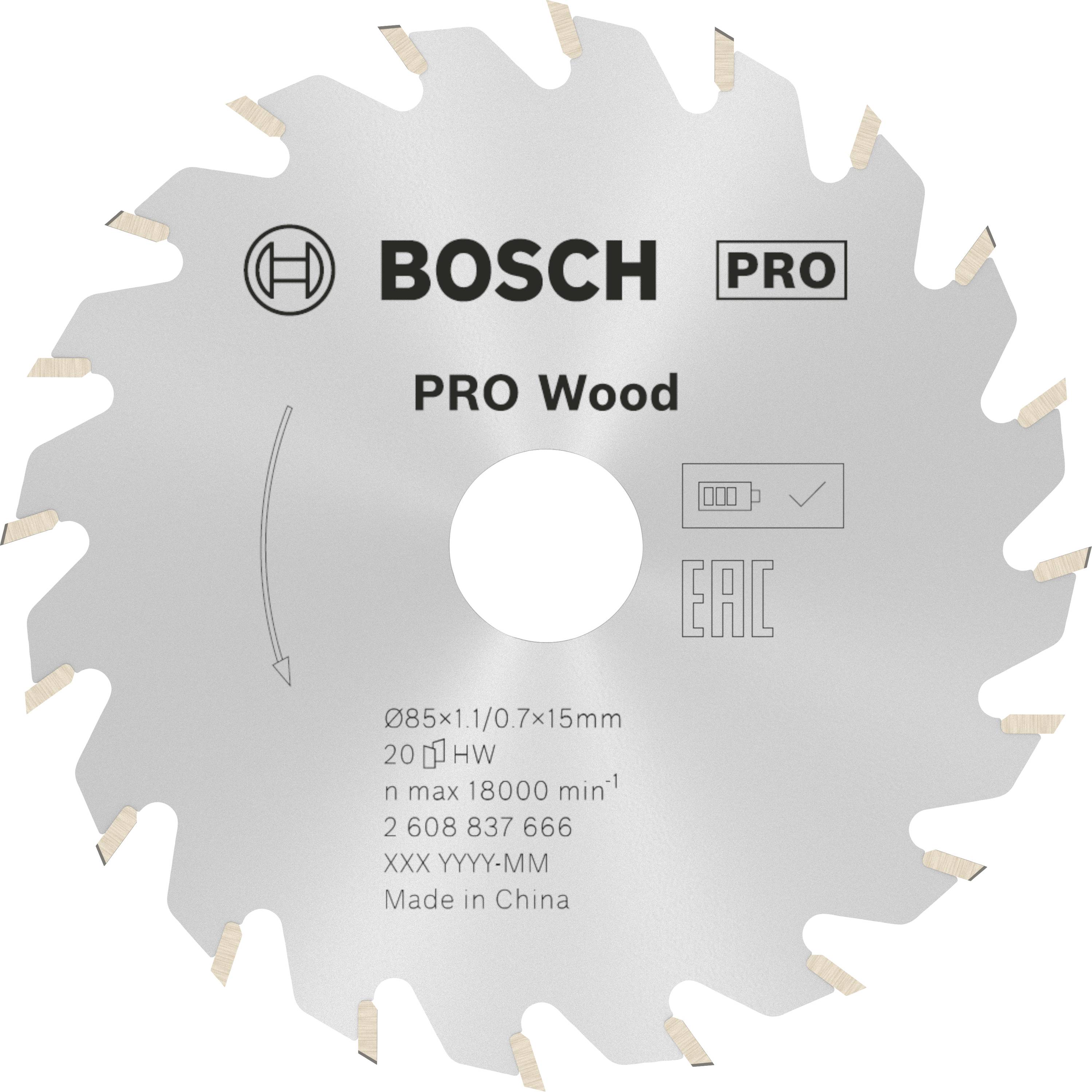 Lame de scie 'BOSCH PRO Wood', diamètre 85 mm, adaptée pour le bois, vitesse de rotation maximale 18 000 tr/min, fabriquée en Chine.