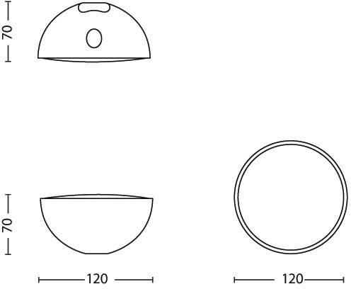 Dimensions et vues d'une lampe semi-circulaire : 70 cm de hauteur, 120 cm de largeur. Présente les vues de côté et de dessus.
