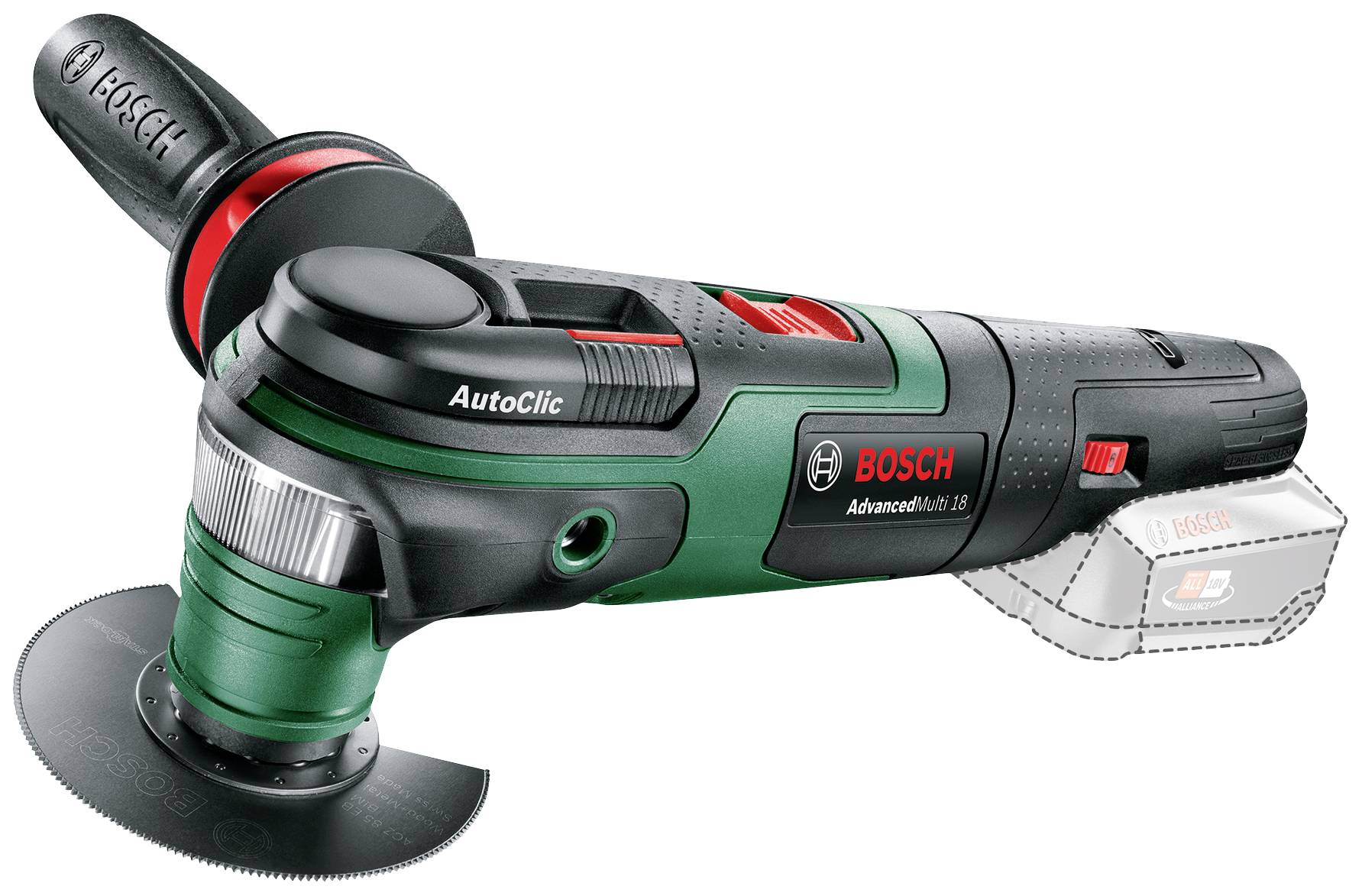 Outil multifonction Bosch à tête oscillante. Adapté pour scier, poncer et polir. Modèle « AdvancedMulti 18 ».