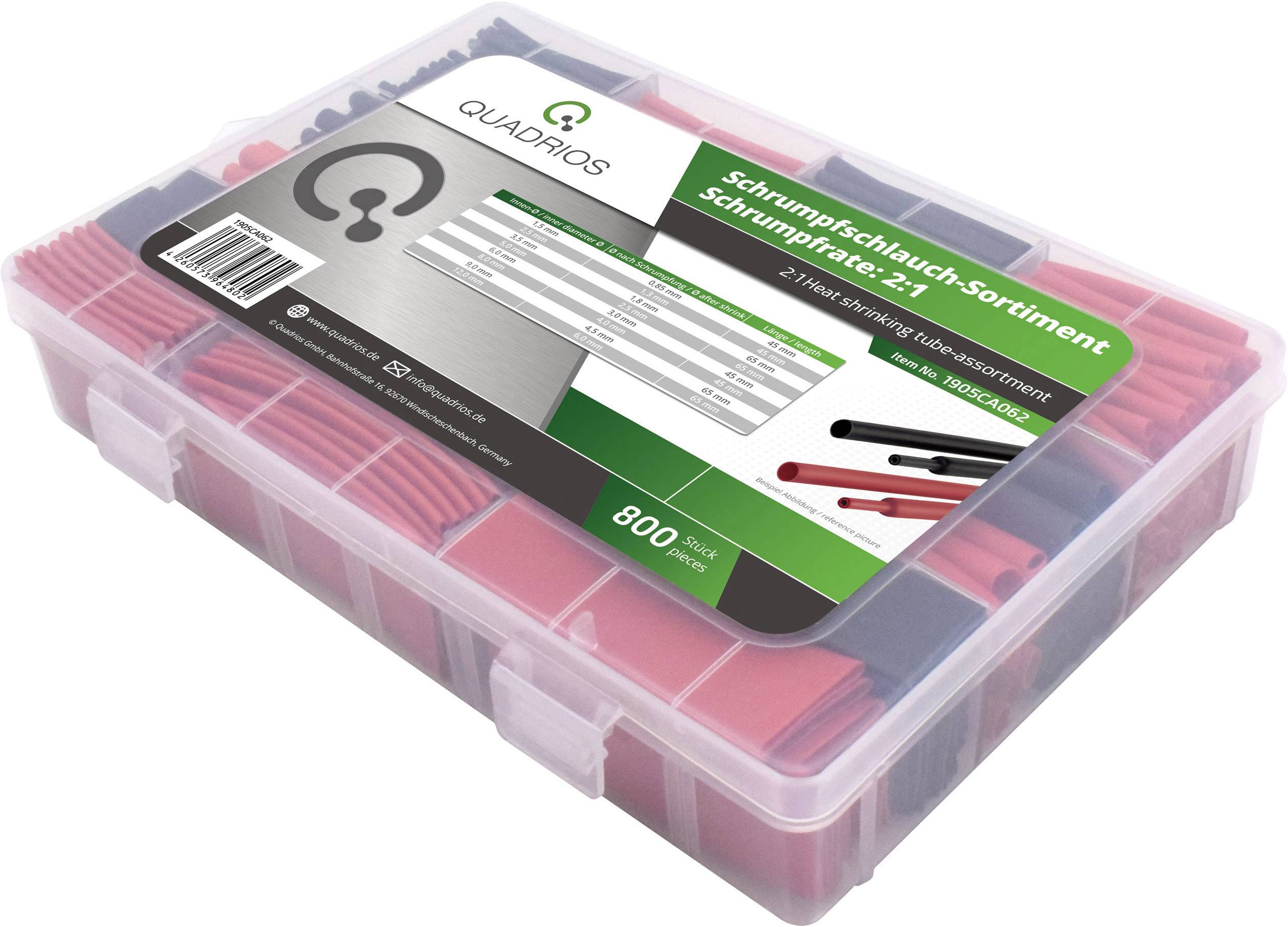 Boîte de rangement avec gaines thermorétractables de différentes tailles et couleurs, étiquette décrivant le contenu et les spécifications, 800 pièces.