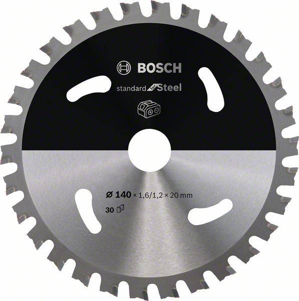 Lame de scie circulaire avec dents, portant l'inscription 'Bosch, Standard for Steel', diamètre 140 mm. Adaptée pour les coupes d'acier.