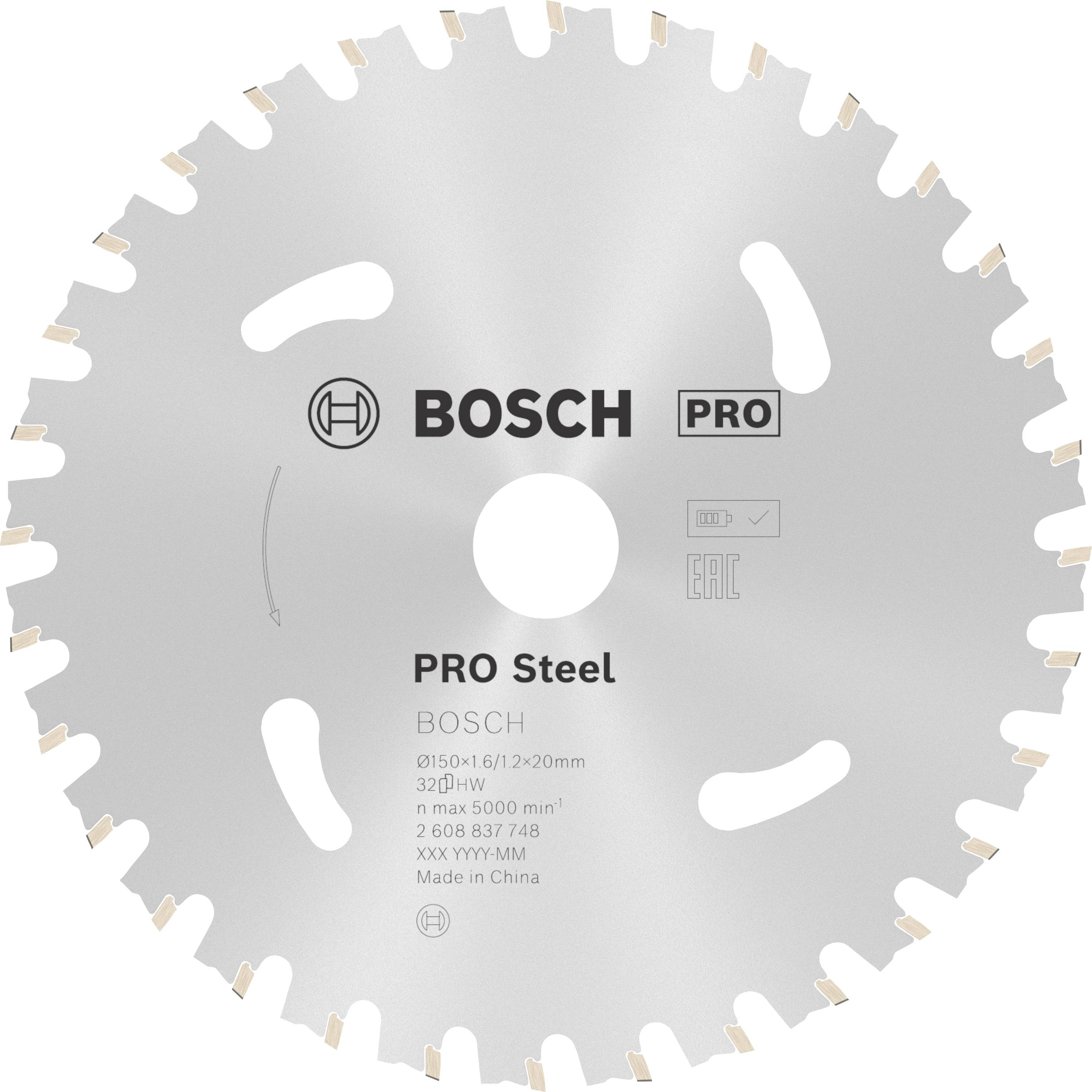 Lame de scie circulaire en métal portant l'inscription 'BOSCH PRO Steel'. Adaptée pour l'acier, vitesse max. 5000 tr/min, diamètre 150 mm, Fabriqué en Chine.