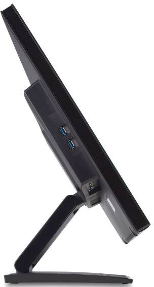 Un moniteur d'ordinateur noir présenté de profil, doté de ports USB à l'arrière et d'un support élégant et fin.