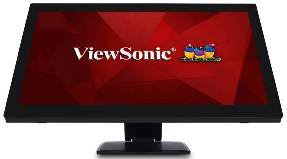 Un écran d'ordinateur affiche le logo 'ViewSonic' sur un fond rouge.