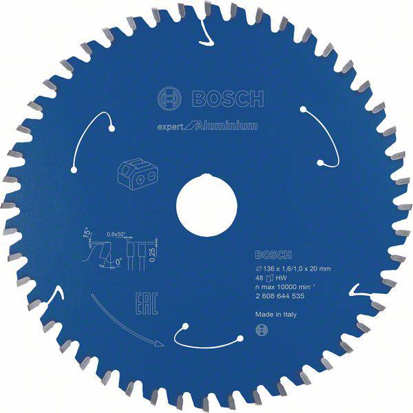 Lame de scie circulaire avec revêtement bleu, adaptée pour l'aluminium. Inscription : 'Bosch, Expert pour l'aluminium, 136 x 1,6/1 x 20 mm, 48 dents.'