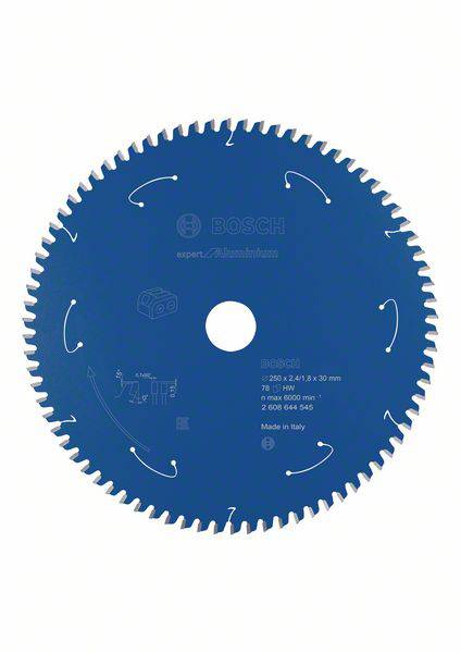 Une lame de scie circulaire bleue de la marque Bosch, spécialement conçue pour l'aluminium, avec des dents blanches et des détails techniques au centre.