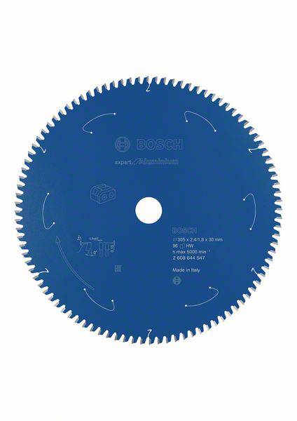 Lame de scie circulaire de couleur bleue avec 96 dents, adaptée à l'aluminium, portant le logo Bosch et les spécifications techniques sur sa surface.