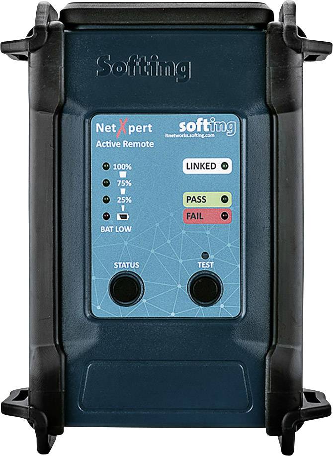 Appareil de test réseau avec nom de marque en haut du boîtier. Affiche 'NetXpert Active Remote'. Voyants LED pour l'état et l'indication de la batterie.