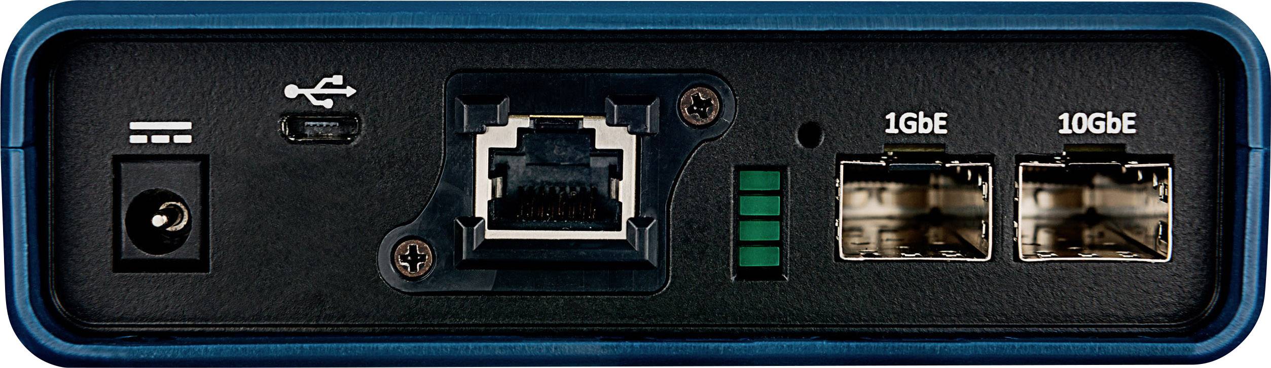 Arrière d'un appareil réseau avec connexion d'alimentation, port USB-C, port Ethernet et deux connexions à fibre optique, étiquetés '1GbE' et '10GbE'.