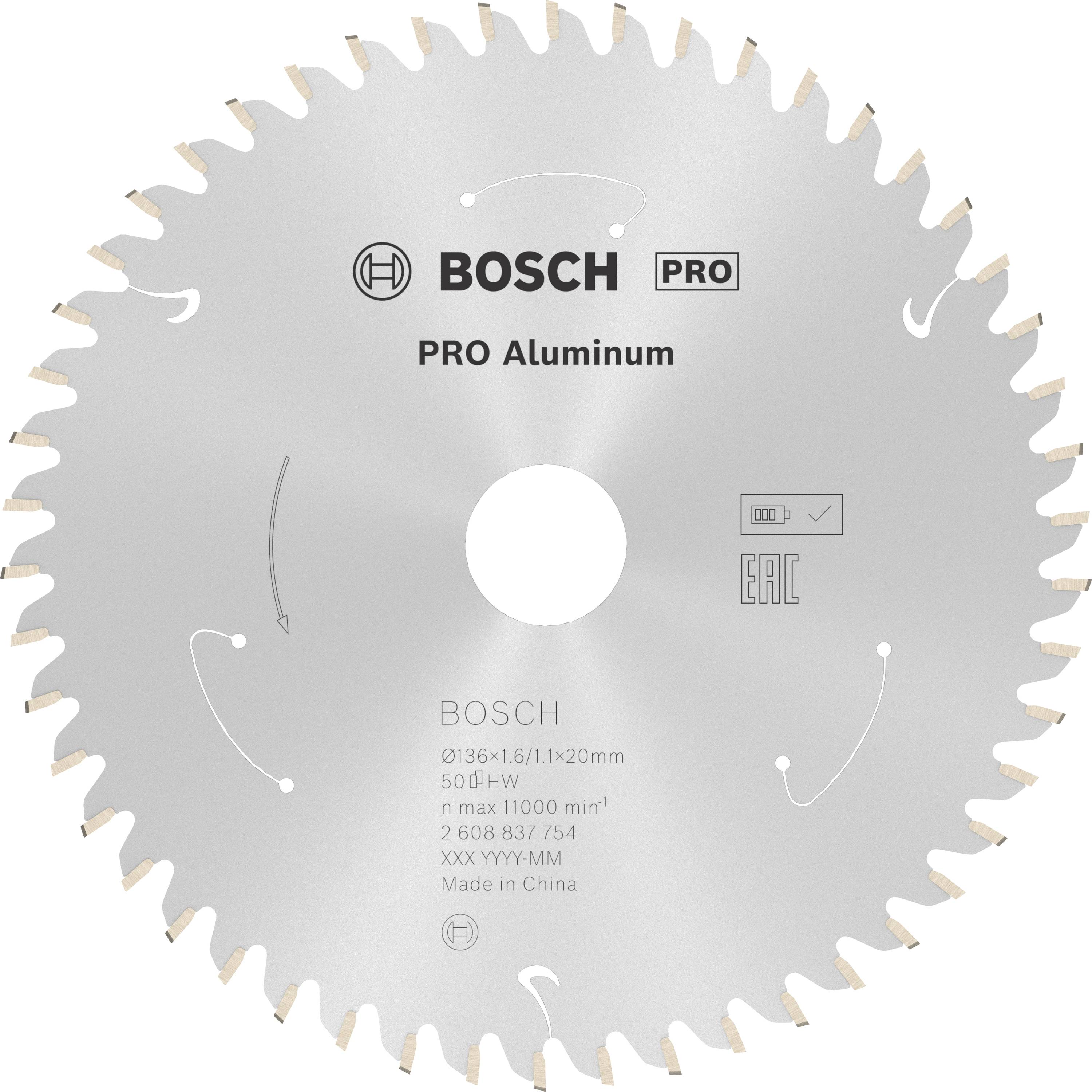 Lame de scie circulaire portant l'inscription 'BOSCH PRO Aluminum'. Diamètre 136 mm, 50 dents, adaptée pour l'aluminium. Fabriqué en Chine.