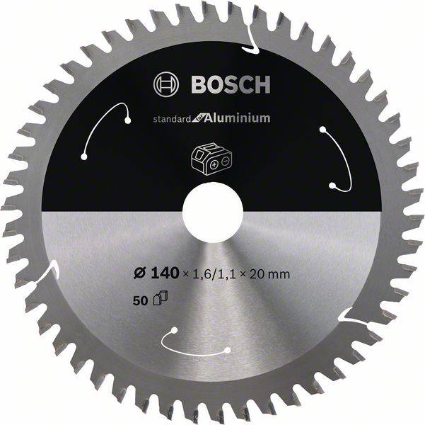 Lame de scie circulaire Bosch pour aluminium, diamètre 140 mm, 50 dents ; adaptée pour des coupes précises dans les matériaux métalliques.