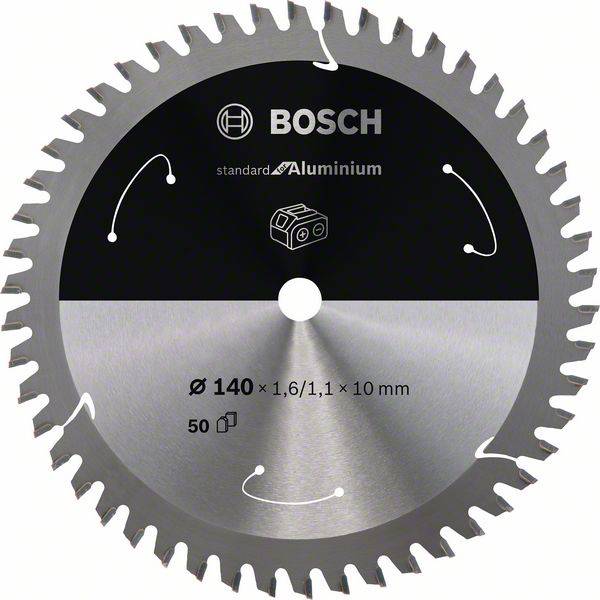 'Lame de scie de 140 mm de diamètre avec 50 dents, adaptée pour l'aluminium. Marque : Bosch.'
