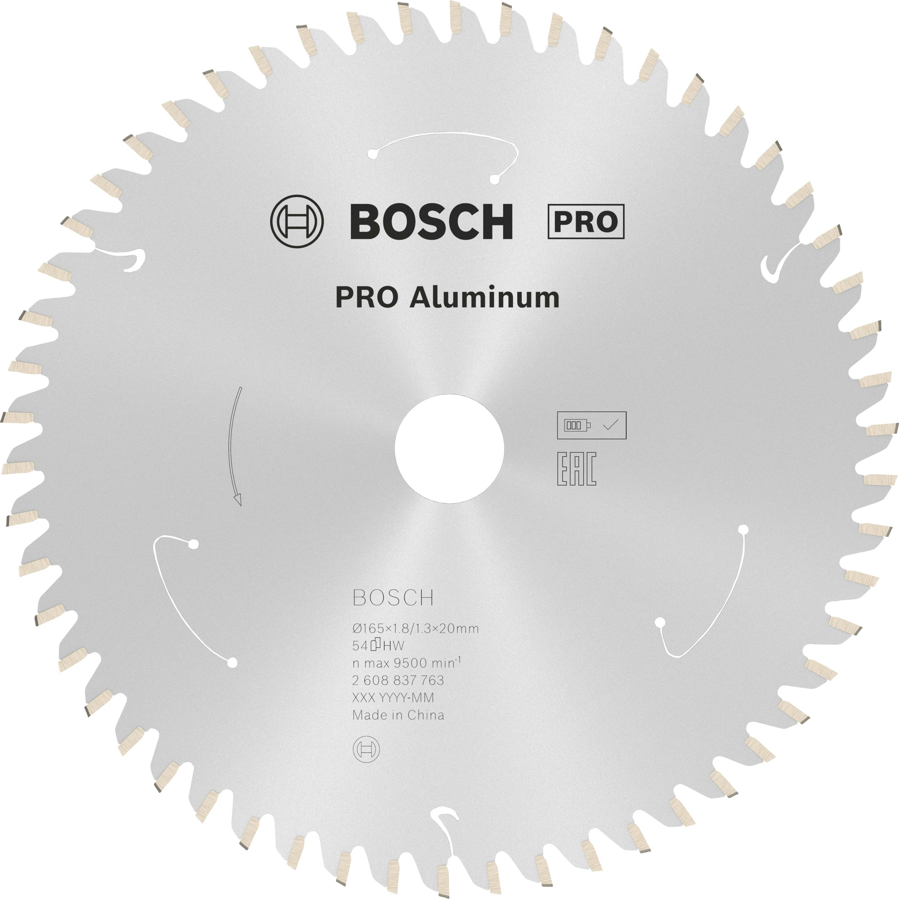 Une lame de scie circulaire Bosch en argent pour aluminium, diamètre 165 mm, 54 dents, avec des informations de vitesse et de production.