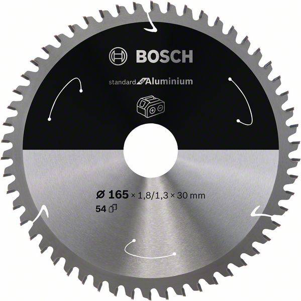 Lame de scie circulaire Bosch à 54 dents pour aluminium, diamètre 165 mm, largeur 1,8/1,3 mm, alésage 30 mm, adaptée aux applications standard.