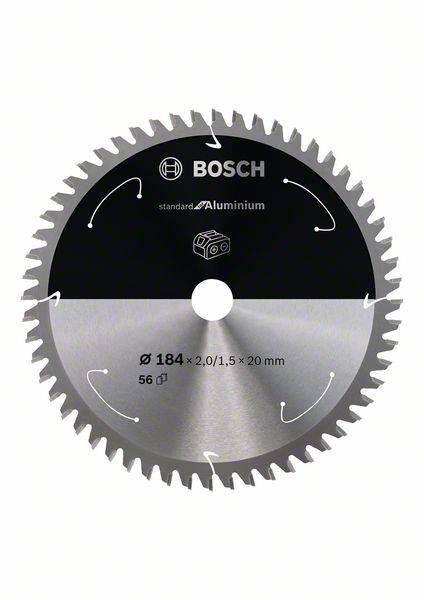 Lame de scie circulaire Bosch, spécialement conçue pour l'aluminium, diamètre 184 mm, 56 dents, dimensions 2,0/1,5 x 20 mm.