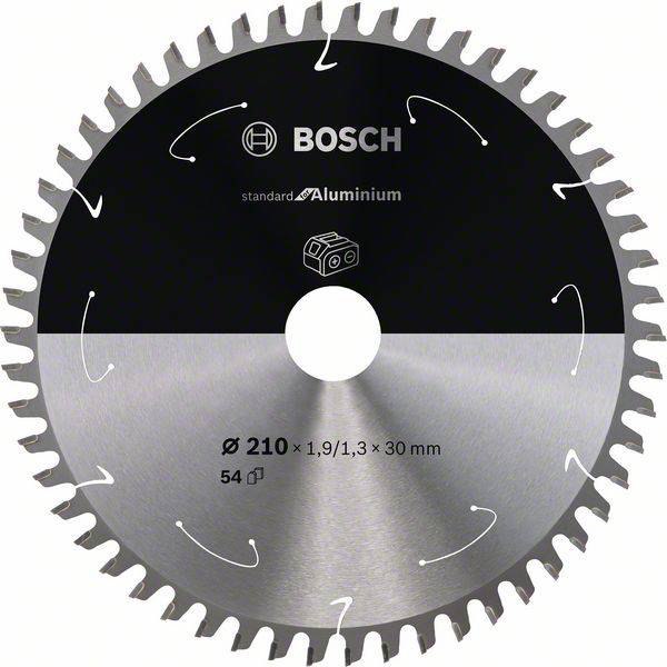 Lame de scie circulaire Bosch, adaptée à l'aluminium, diamètre 210 mm, largeur 1,9/1,3 mm, 54 dents.