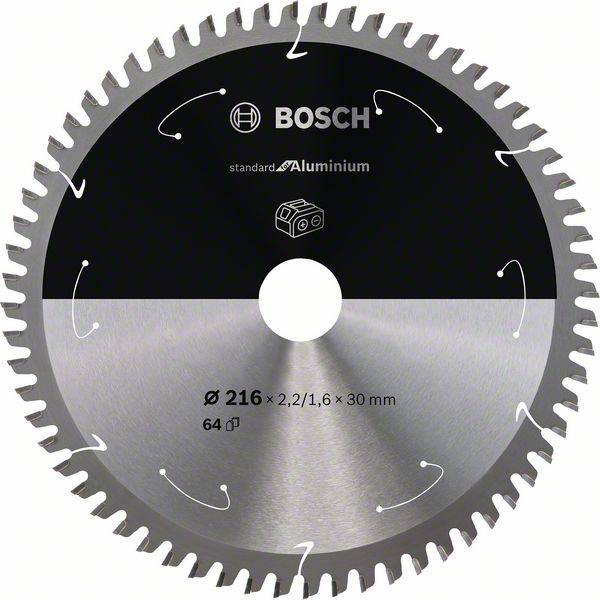 Lame de scie circulaire Bosch, spécialement conçue pour l'aluminium. Diamètre de 216 mm, avec 64 dents, adaptée pour des coupes précises.