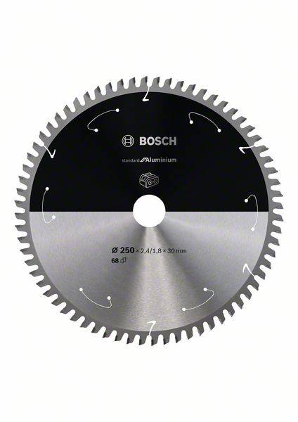 Lame de scie Bosch de 250 mm de diamètre, adaptée à l'aluminium. Affichage des informations et spécifications du produit directement sur la lame.