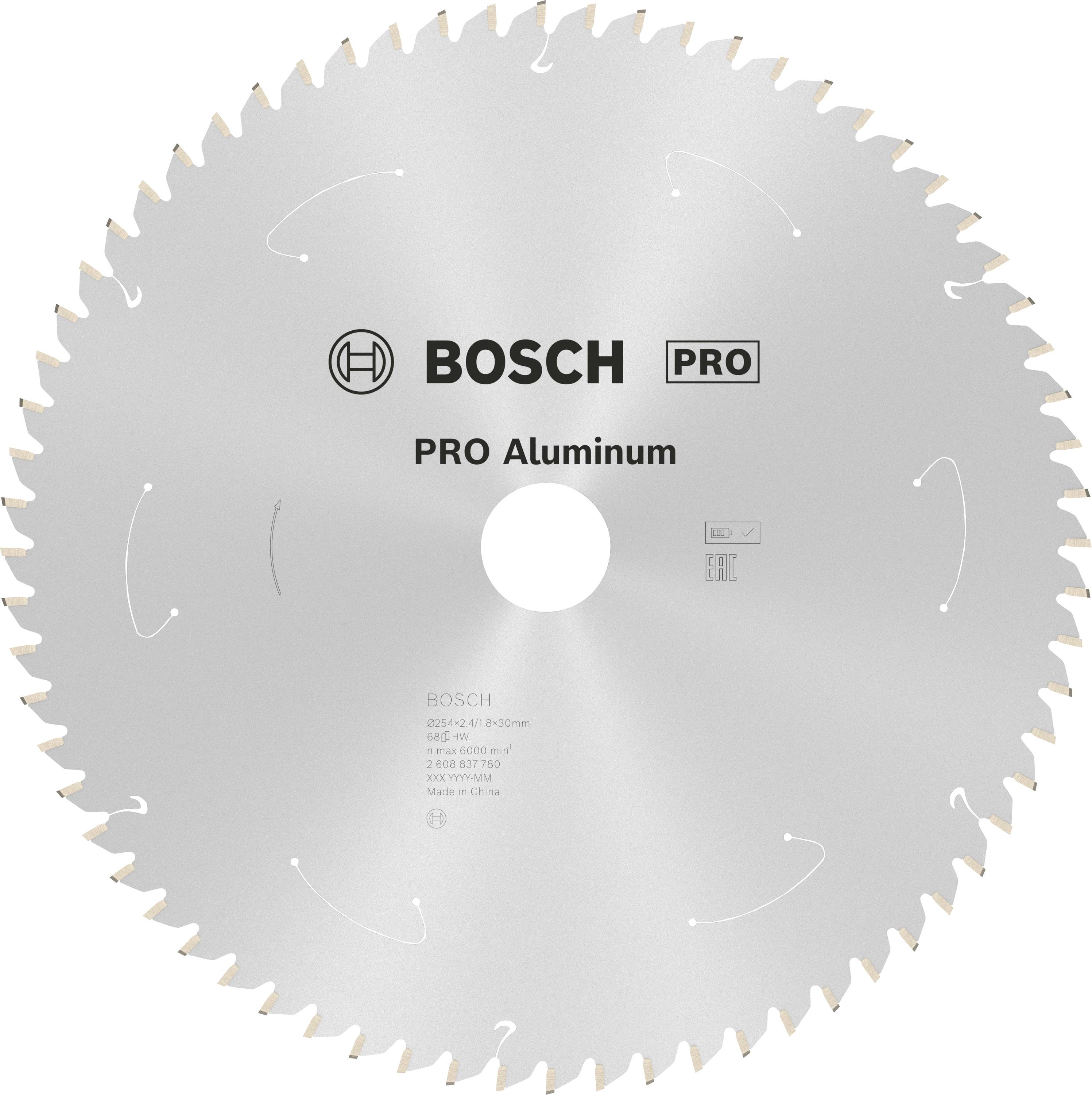 'Lame de scie de marque Bosch pour aluminium, série PRO, argentée, forme circulaire, avec dents sur le bord pour l'usinage des métaux.'