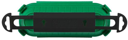 Vue de dessus d'un boîtier en plastique vert avec deux supports noirs sur les bords. La forme est ovale avec des fermetures à chaque extrémité.