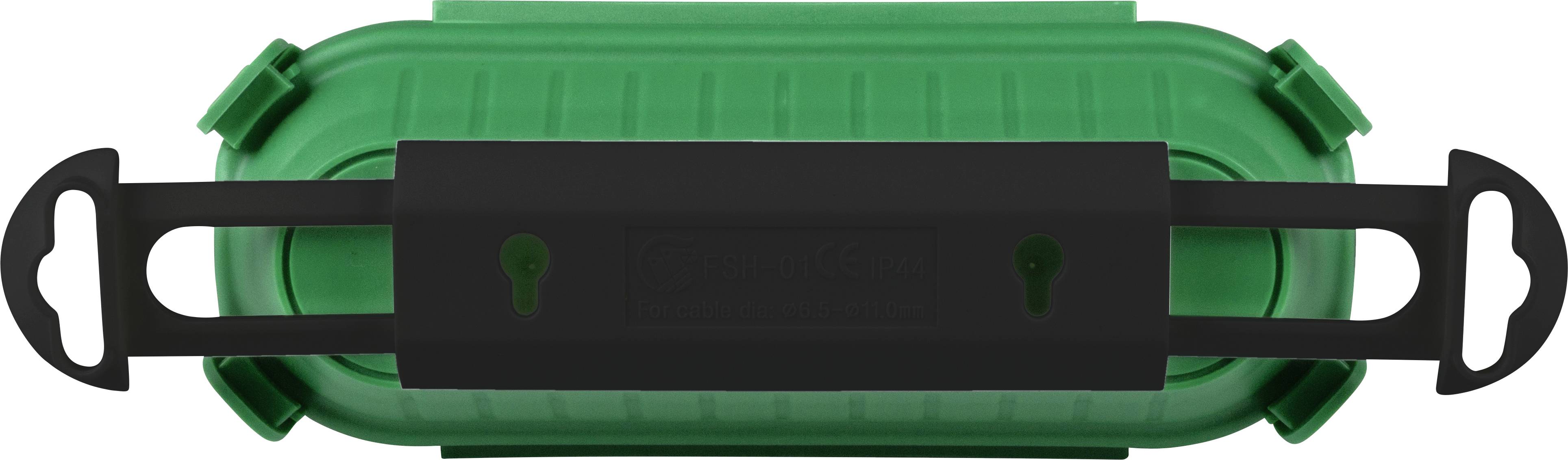 Un conteneur vert rectangulaire avec une bande noire horizontale tendue sur le couvercle.