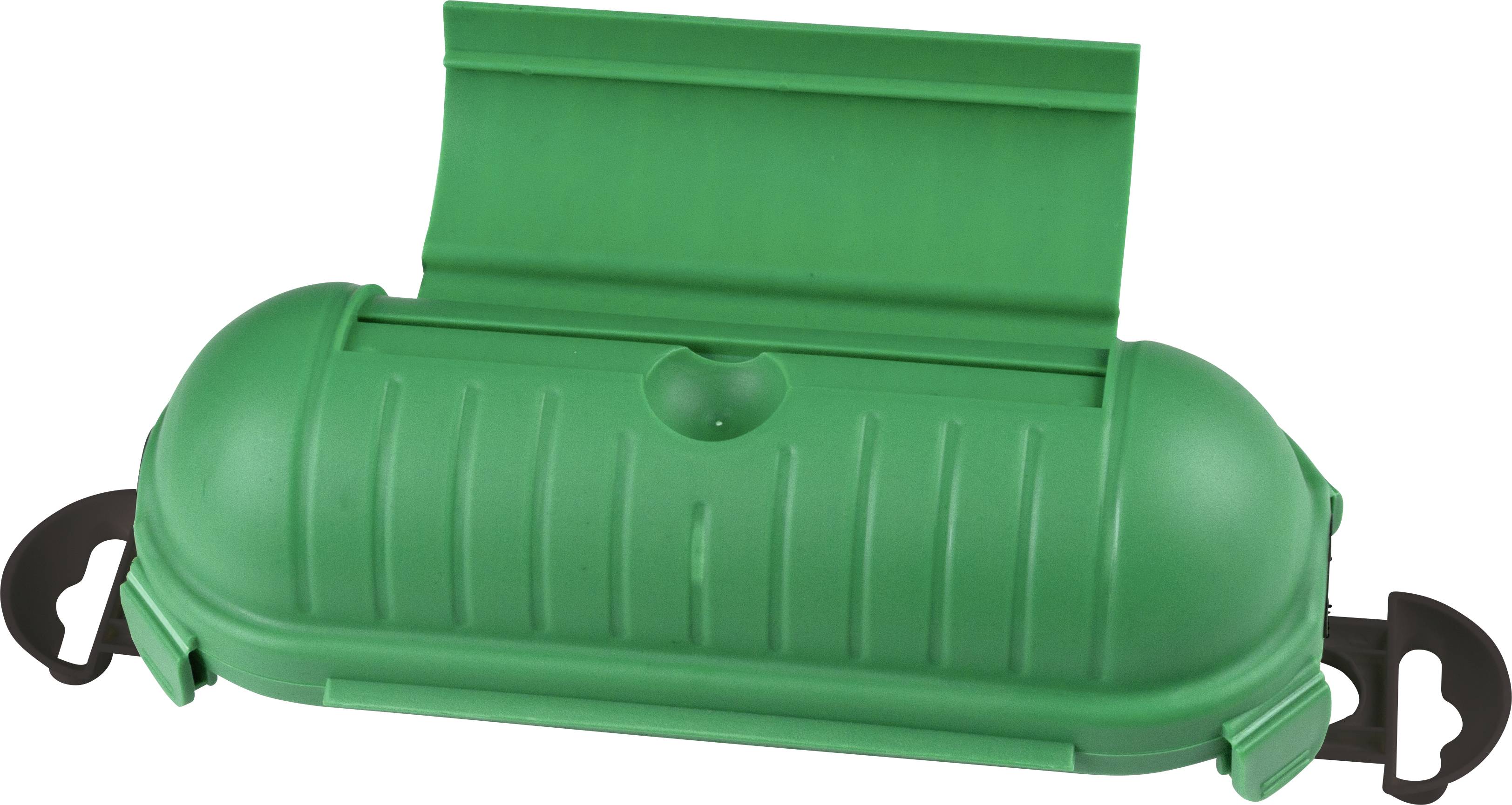 Étui en plastique vert à surface supérieure arrondie, probablement destiné au rangement de câbles ou de petits objets.