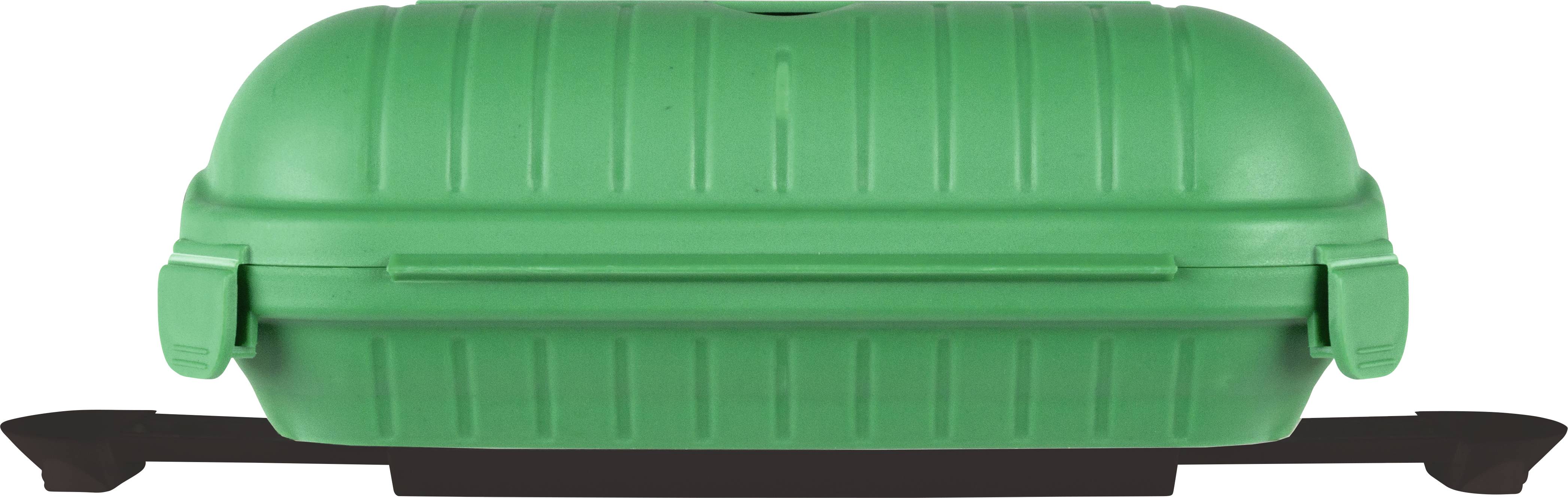 Valise en plastique vert avec poignée de transport et fermetures sur les côtés, fermée sur un support noir.