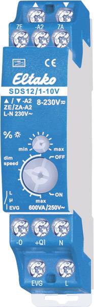 Module variateur Eltako bleu, modèle SDS12/1-10V, pour commande d'éclairage ; plusieurs bornes à vis et bouton de réglage visibles.