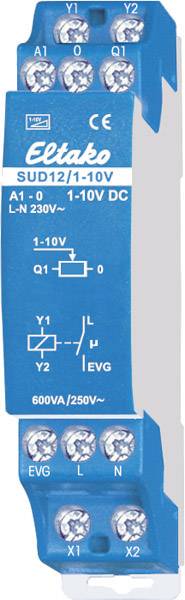 Module Eltako bleu avec l'étiquette 'SUD12/110V', pour 230V AC, 600VA/250V. Montre les connexions pour A1, 1-10V, Y1, Y2, L, N, EVG.