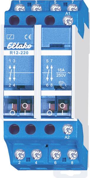 Un interrupteur relais Eltako bleu et blanc, modèle R12-220, avec schéma de câblage et caractéristiques techniques. Adapté pour 16A, 250V.
